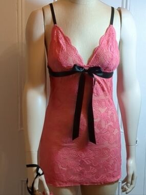 2/$10, 3/$13 Sparkly Coral Slip with Black Ribbon Lace Up Back